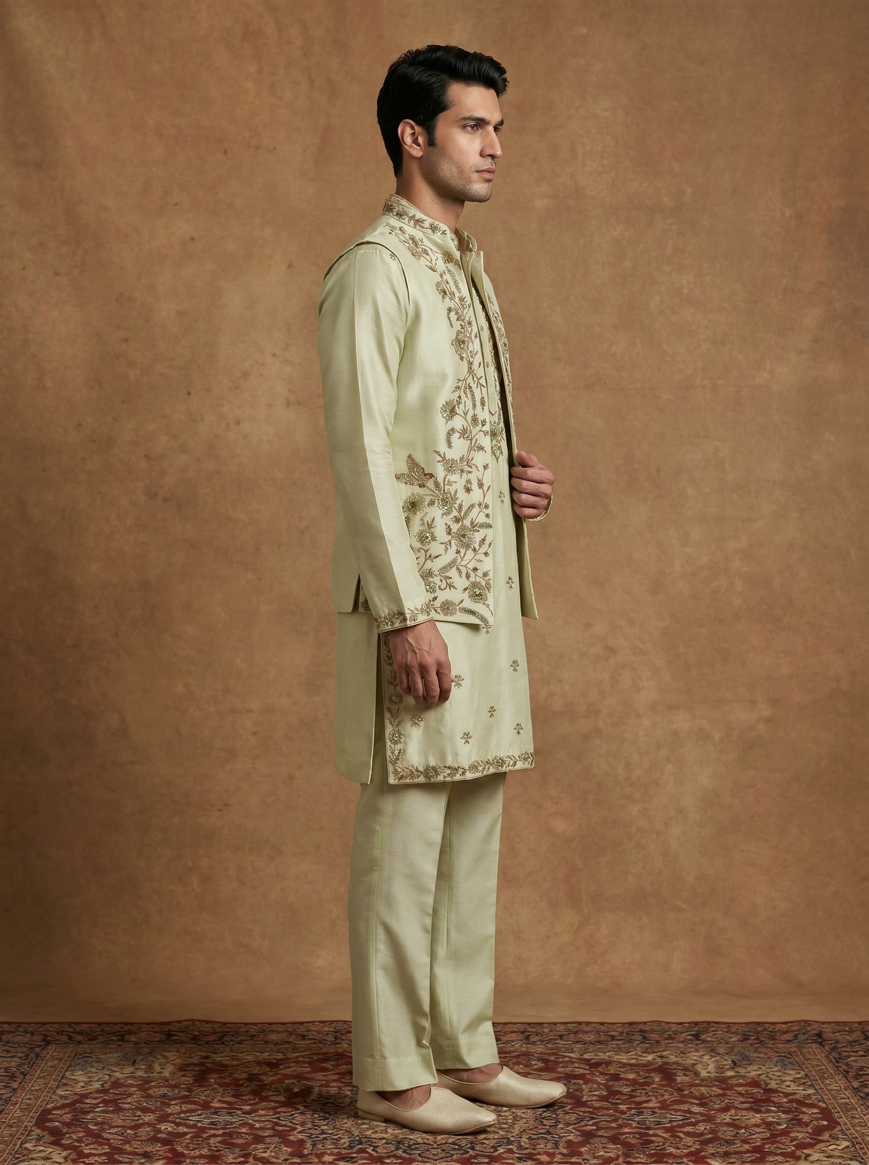 Hand Embroidered Silk Kurta Pajama Waistcoat Set
