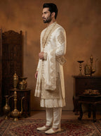 Ivory Silk Sherwani With Hand Embroidery