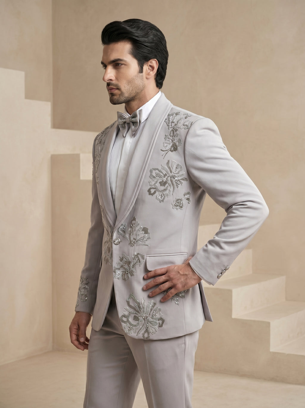 Grey Japanese Hand Embroidered Tuxedo