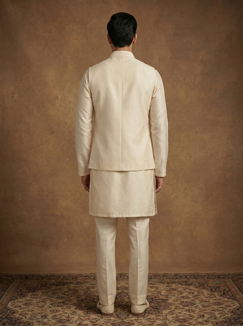 Hand Embroidered Silk Kurta Pajama Waistcoat Set