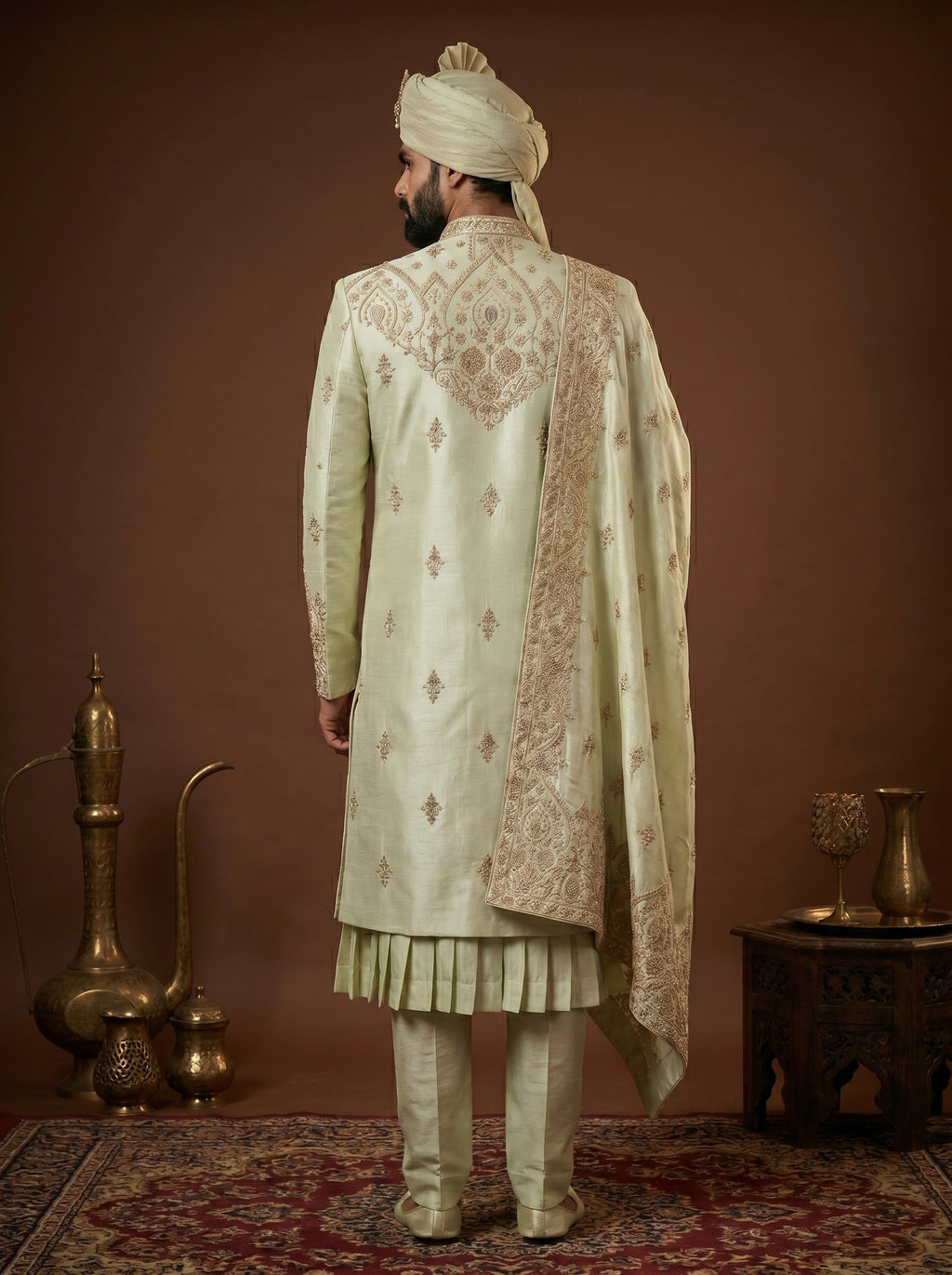 Silk Pista Sherwani With Hand Embroidery