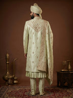 Silk Pista Sherwani With Hand Embroidery