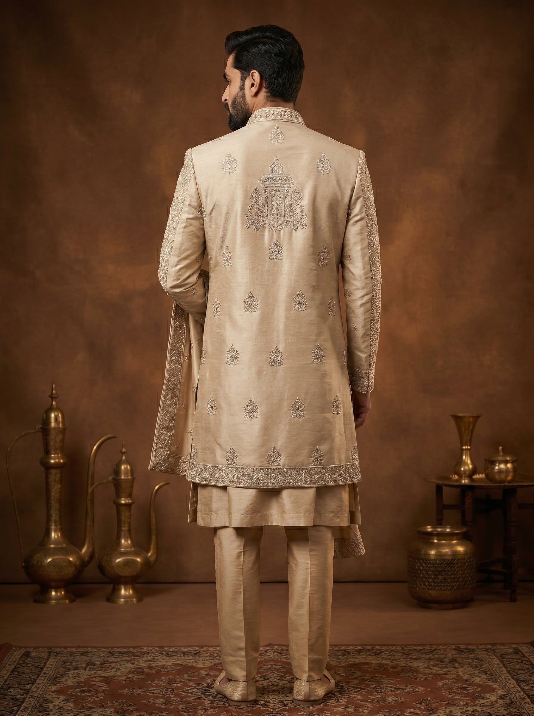 Silk Champagne Gold Sherwani With Hand Embroidery