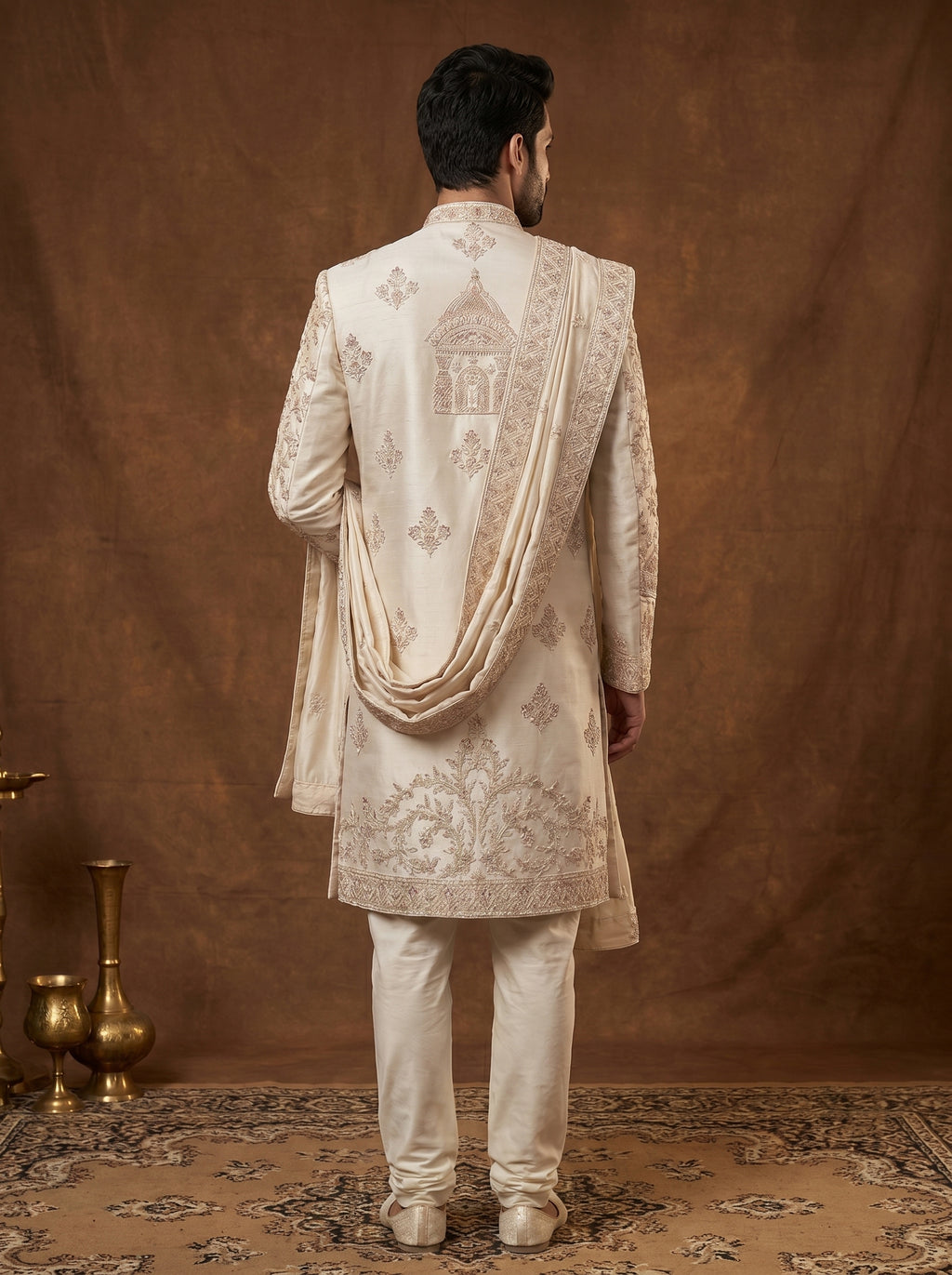 Silk Beige Sherwani With Hand Embroidery