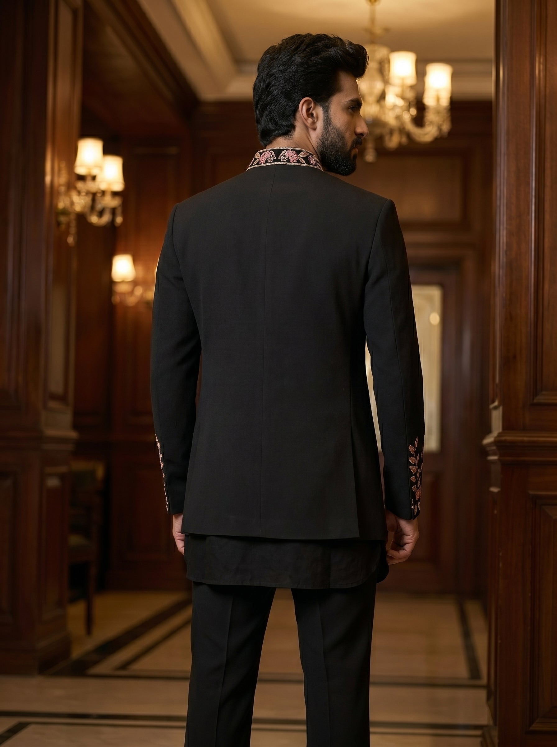 Black thread embroidered front open jodhpuri
