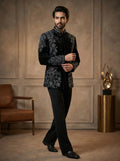 Black velvet handwork front open jodhpuri with V jacket