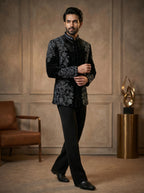 Black velvet handwork front open jodhpuri with V jacket
