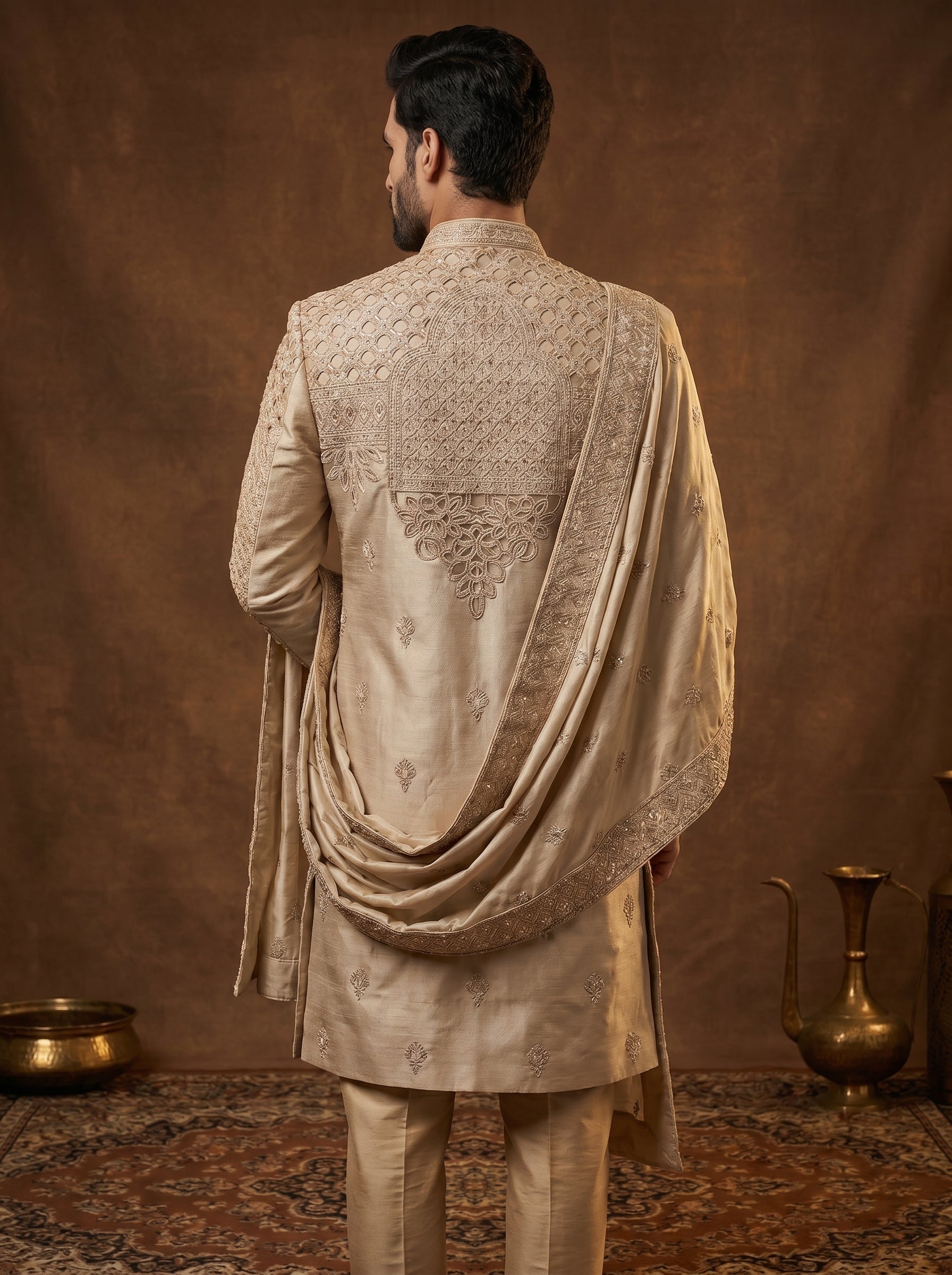 Silk Beige Gold Sherwani With Hand Embroidery