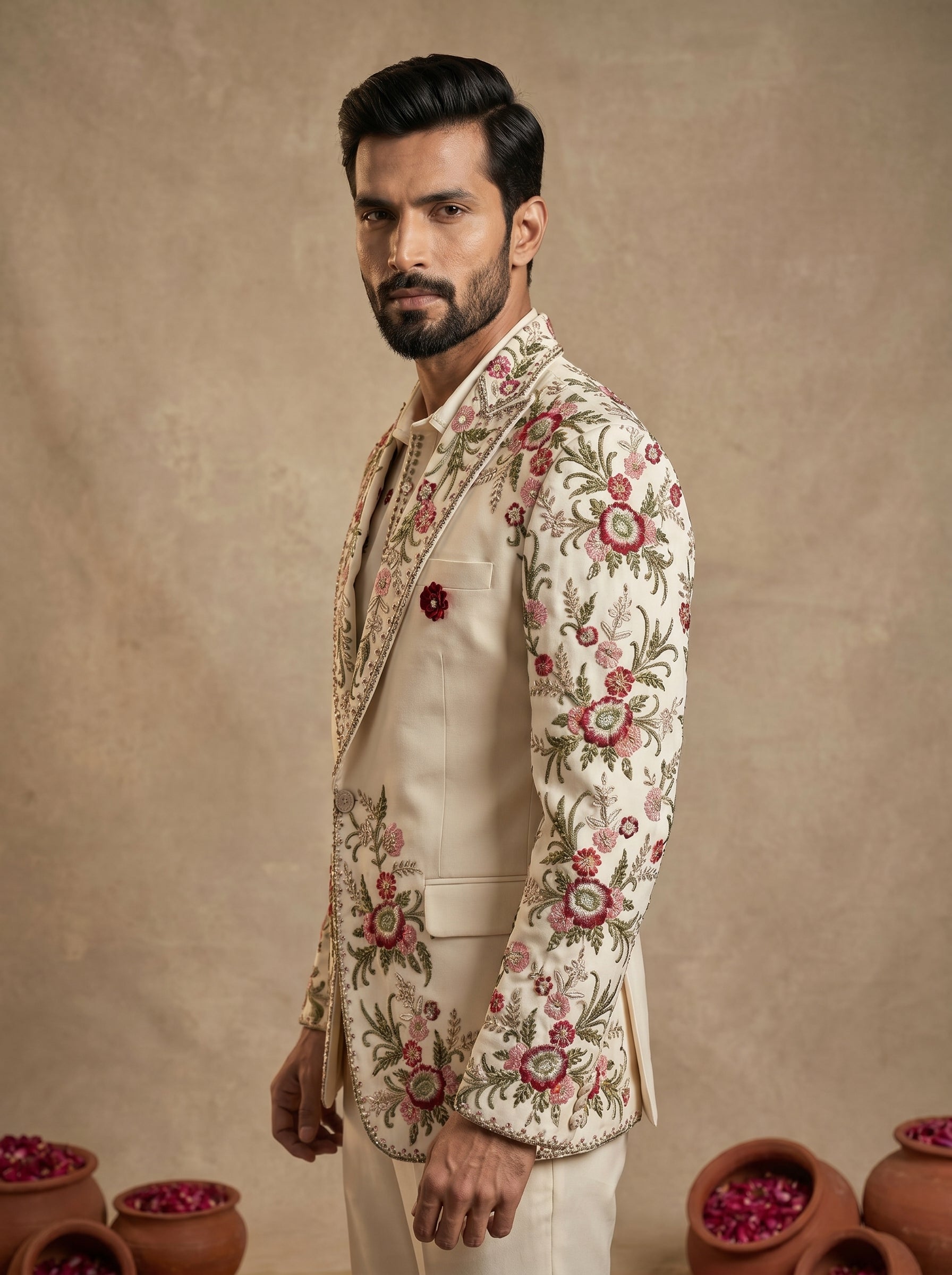 Cream Japanese Hand Embroidered Suit