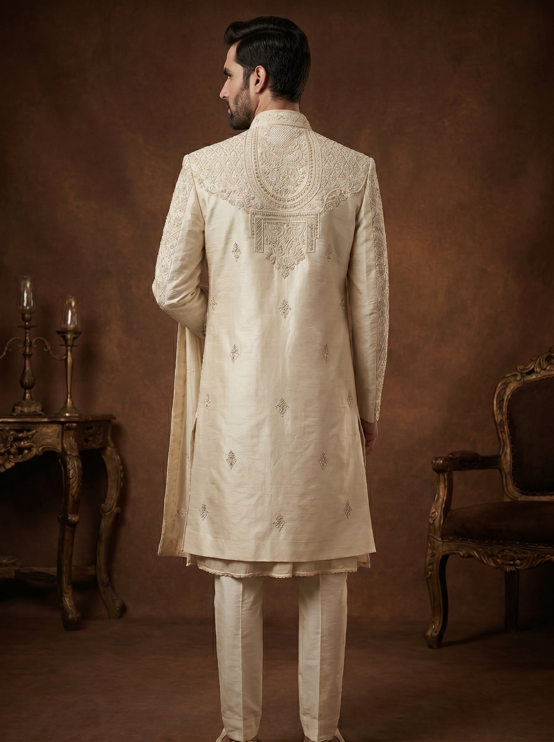 Beige Silk Sherwani With Hand Embroidery