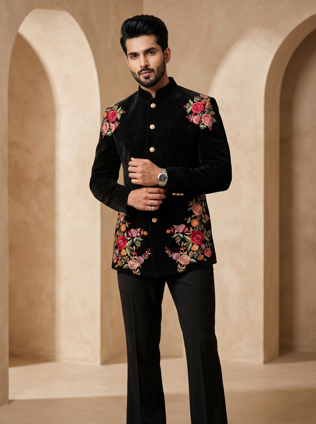 Black multi color thread work bandgala