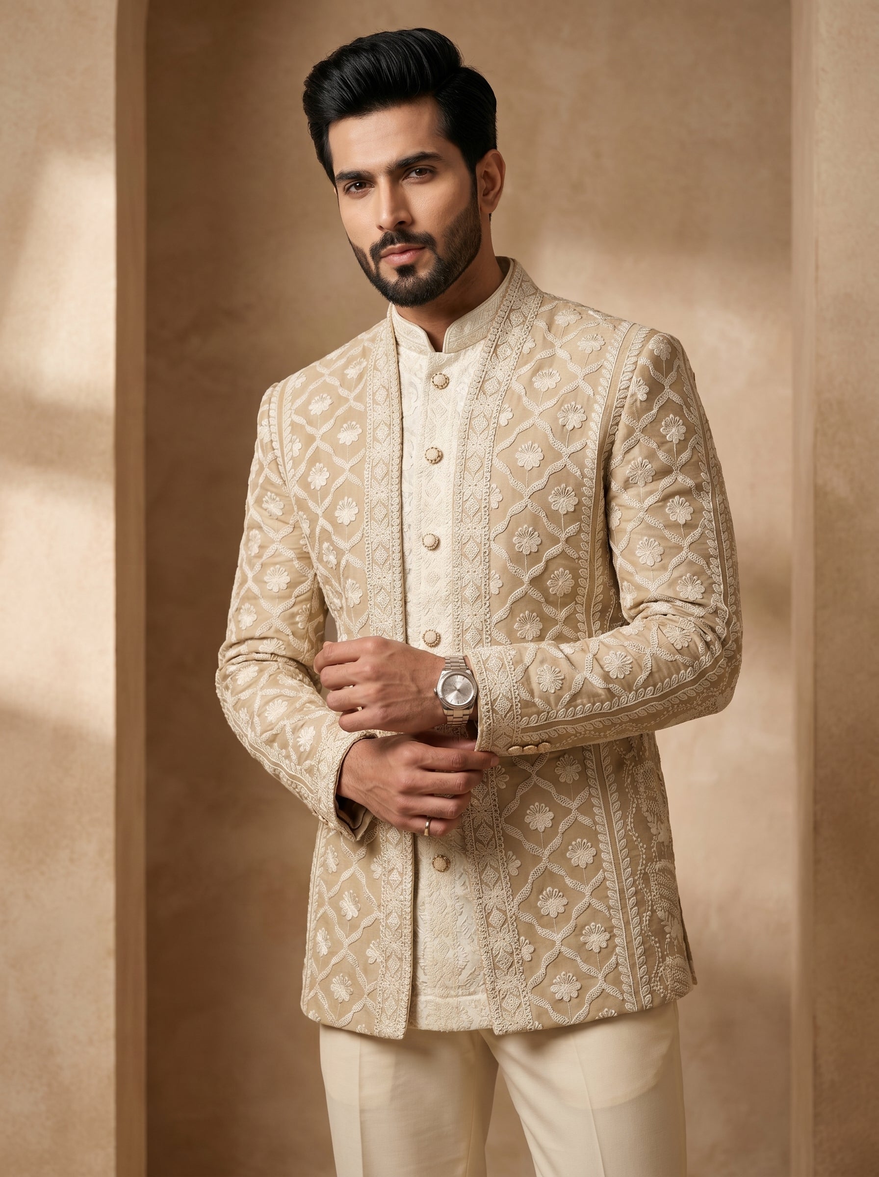 Nude color thread embroidered indo western