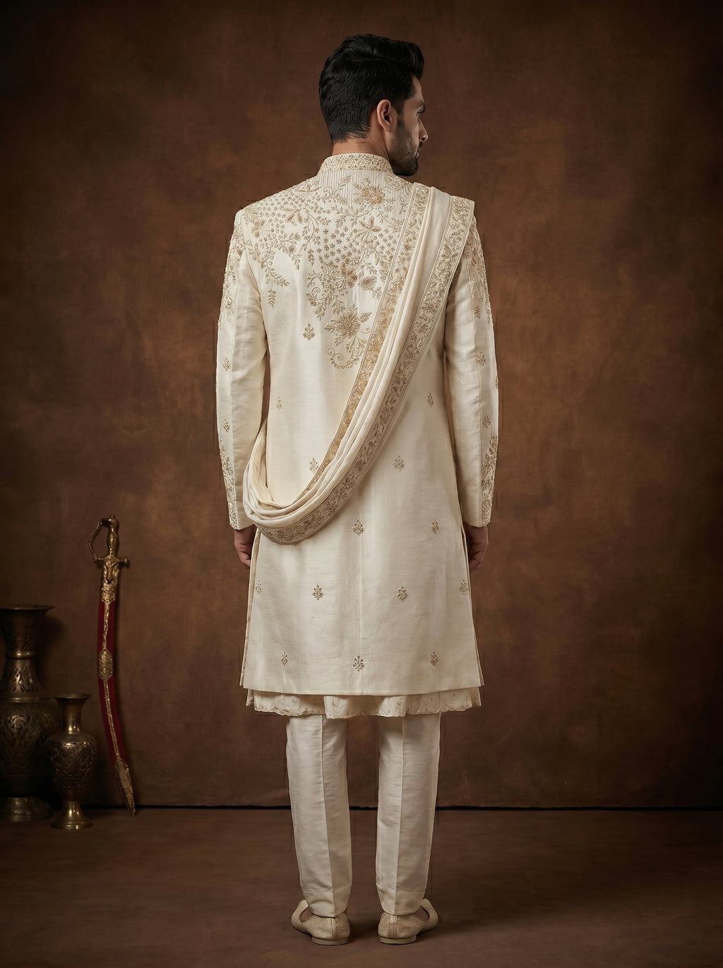 Ivory Silk Sherwani With Hand Embroidery