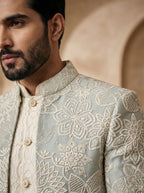 Powder blue thread embroidered indo western