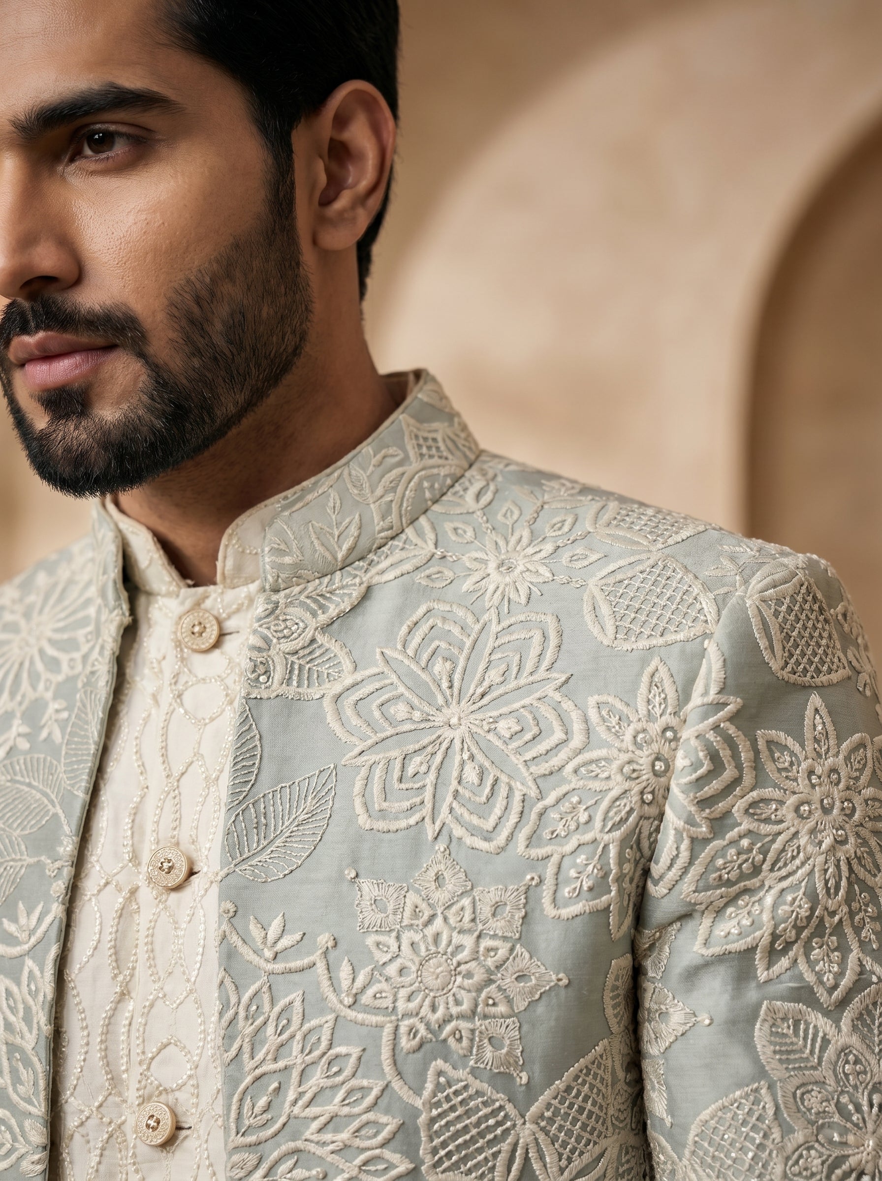 Powder blue thread embroidered indo western