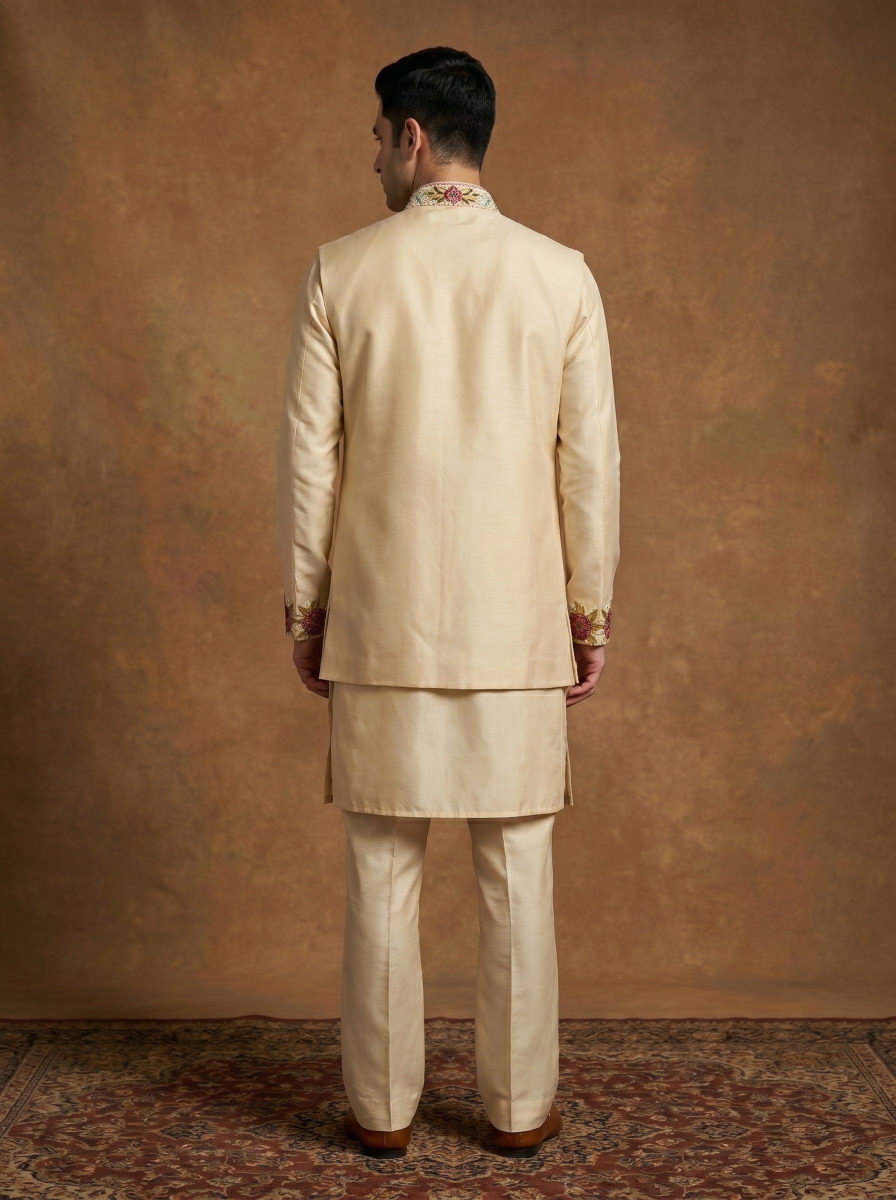 Hand Embroidered Silk Kurta Pajama Waistcoat Set