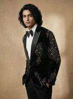 Velvet hand embroidered tuxedo with gemstone