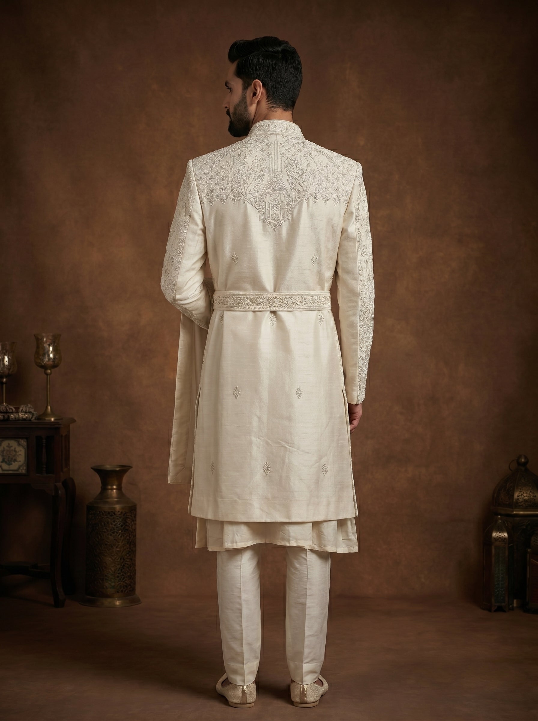 Ivory Silk Sherwani With Hand Embroidery