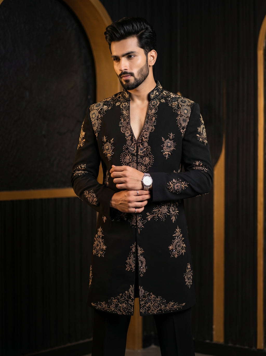 Black v neck hand work indo western