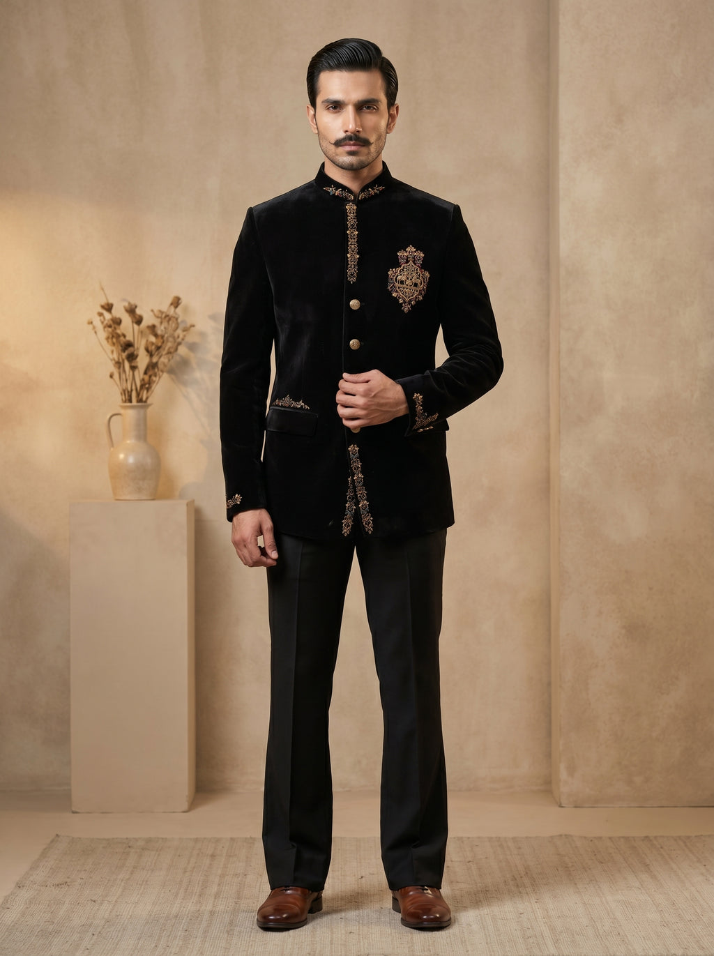 Velvet hand embroidered with metal broach jodhpuri