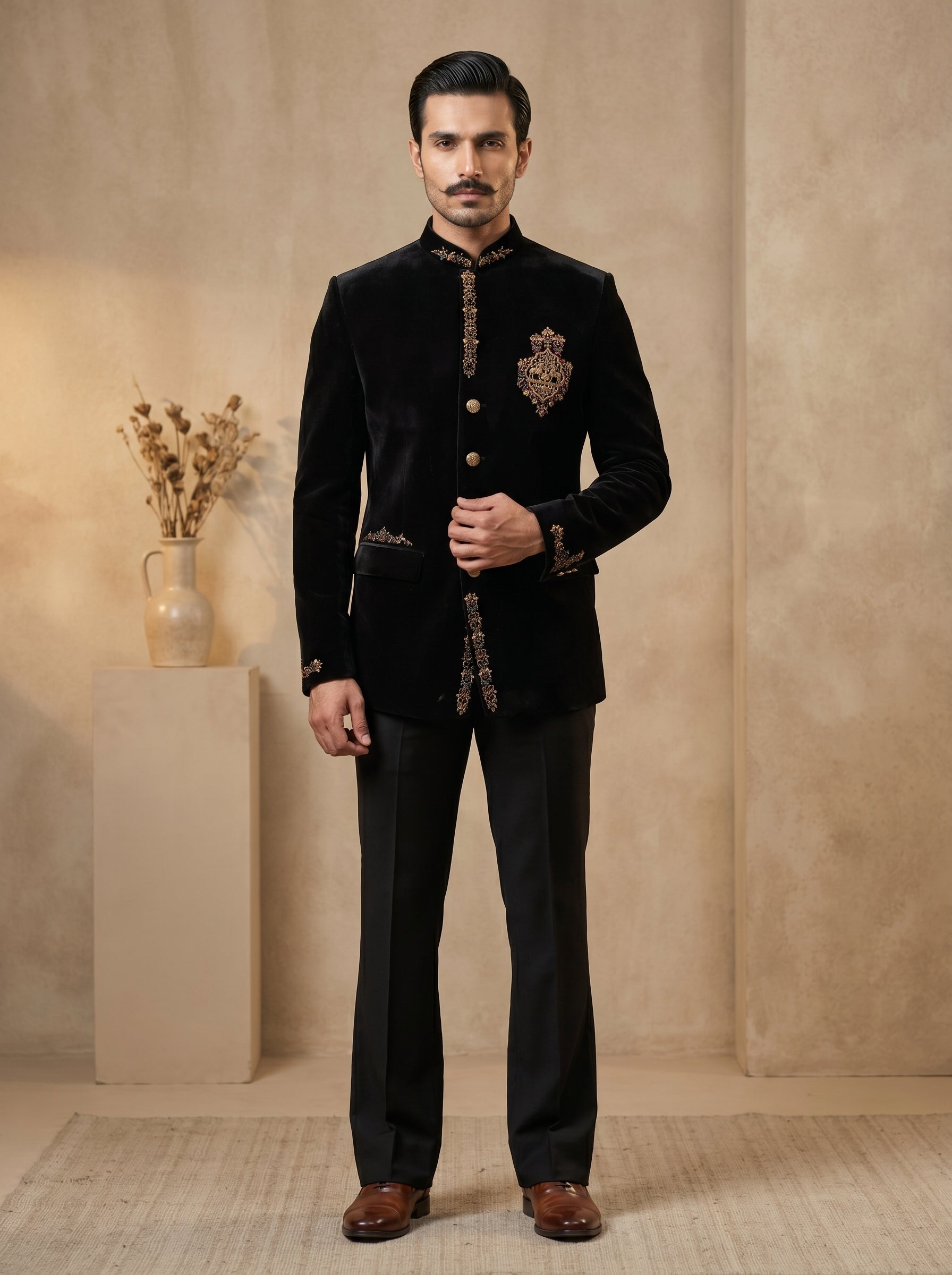 Velvet hand embroidered with metal broach jodhpuri