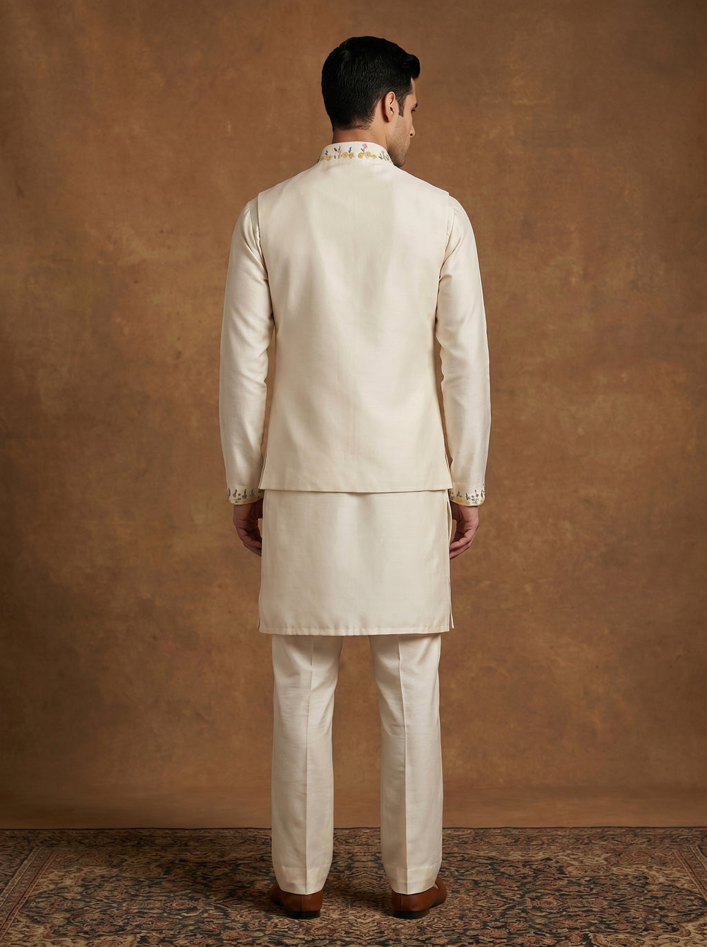 Hand Painted Embroidered Silk Kurta Pajama Waistcoat Set