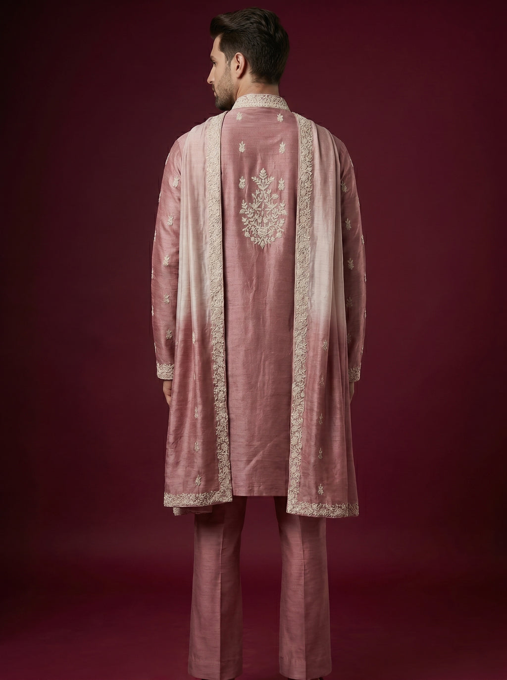 Silk Embroidered Kurta Pajama with Off White Bell Bottom
