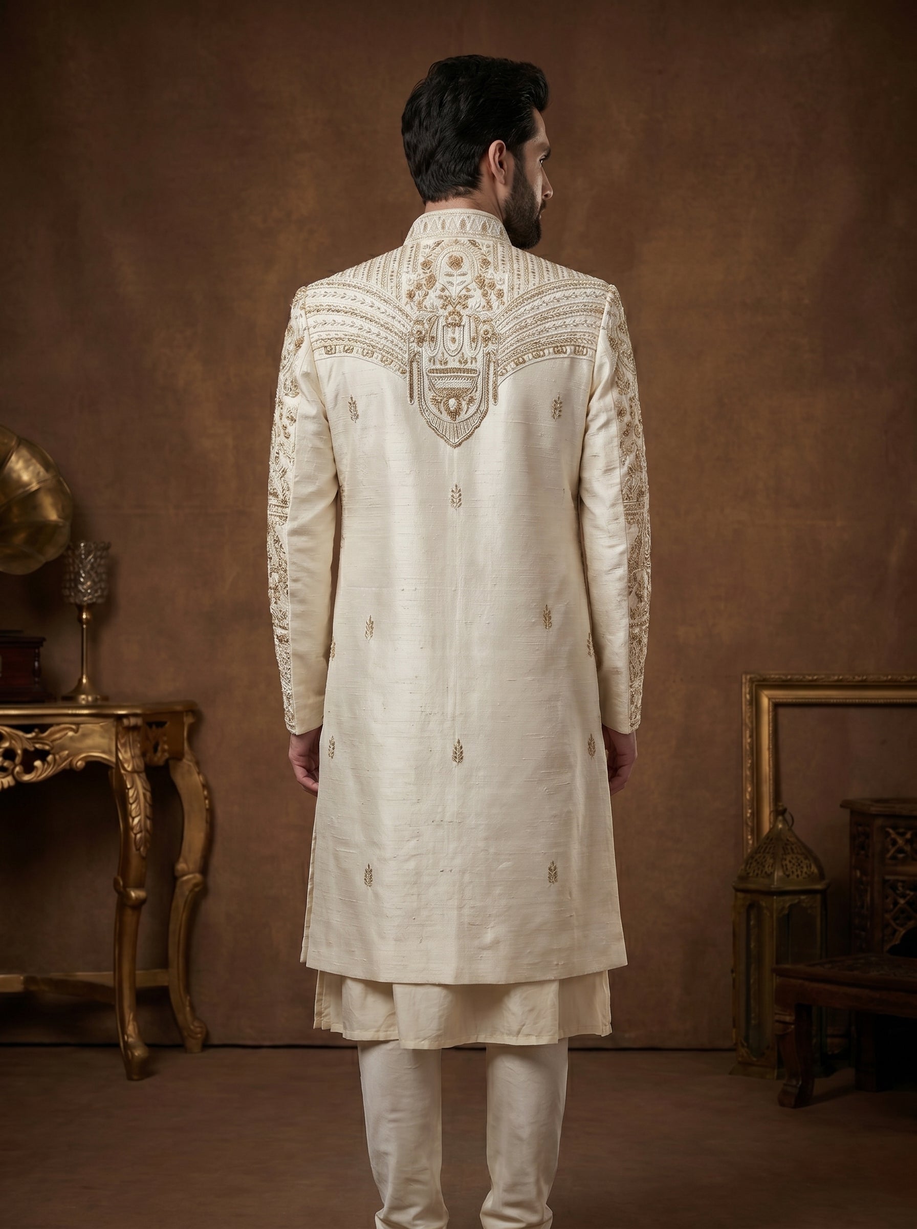 Ivory Silk Sherwani With Hand Embroidery