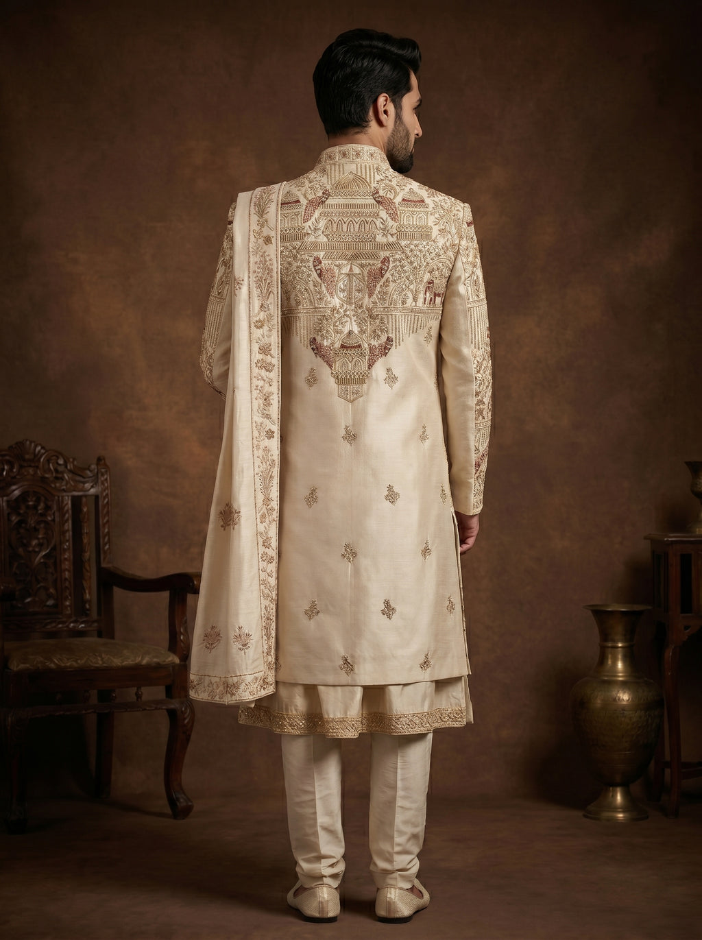 Silk Gold Sherwani With Hand Embroidery
