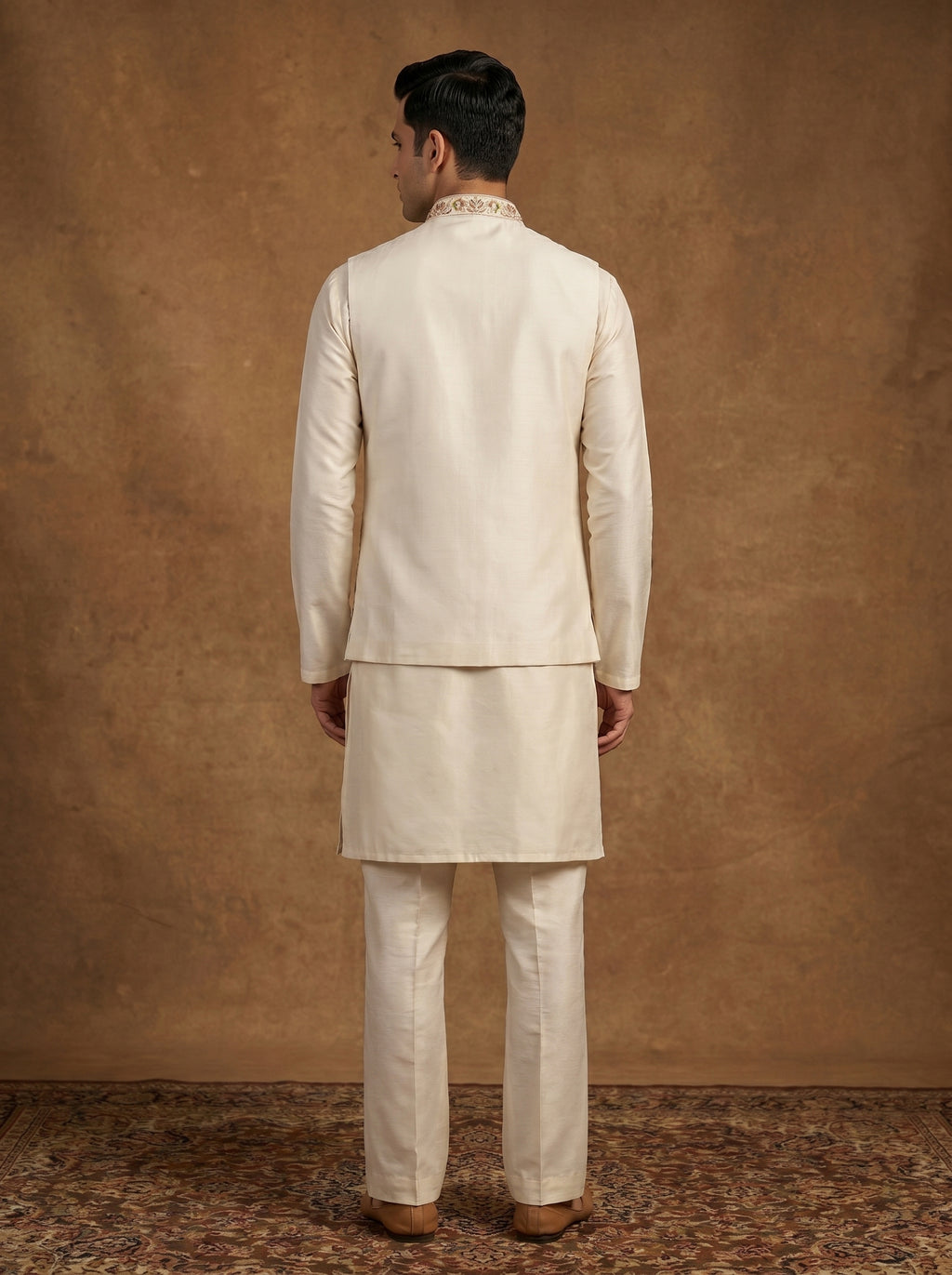 Hand Embroidered Silk Kurta Pajama Waistcoat Set