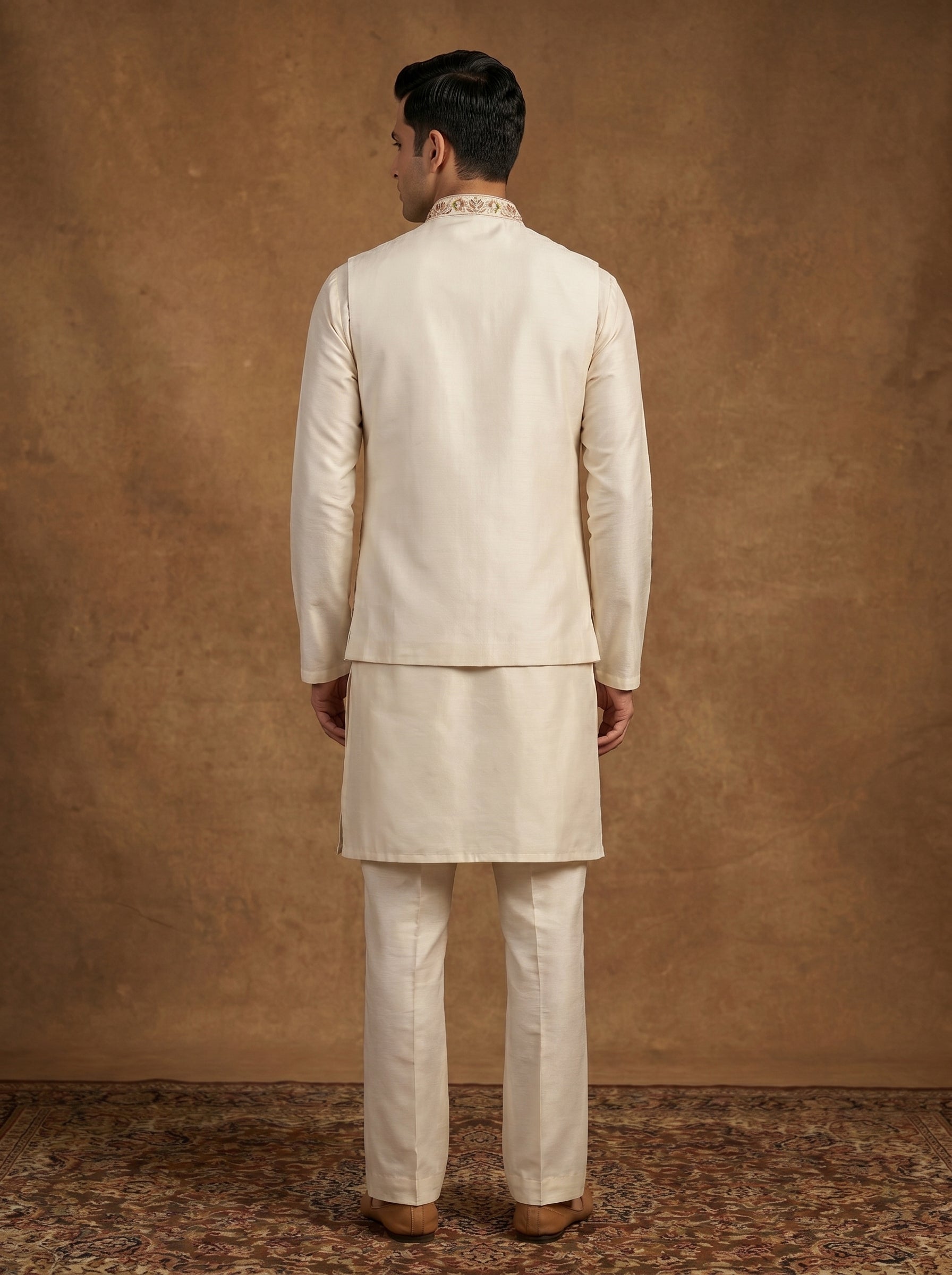 Hand Embroidered Silk Kurta Pajama Waistcoat Set