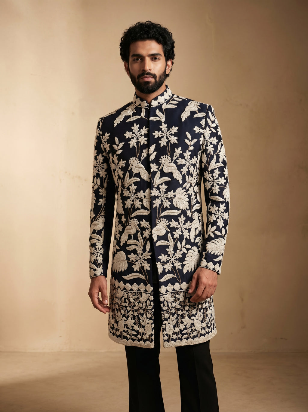Navy Blue hand Embroidered Indo Western
