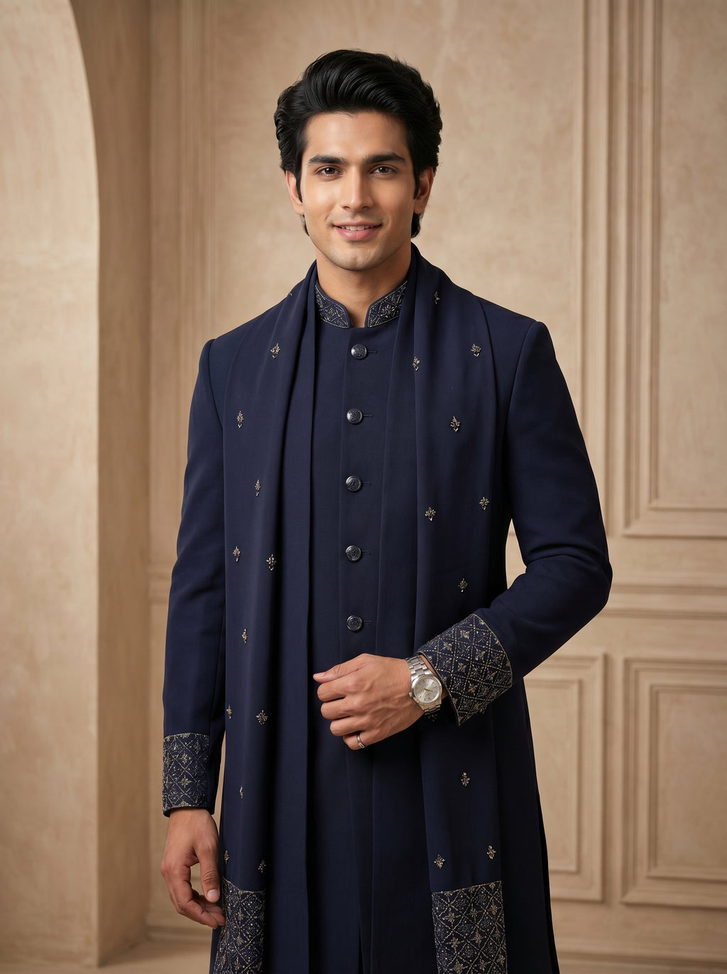Navy Blue hand Embroidered Indo Western with stall