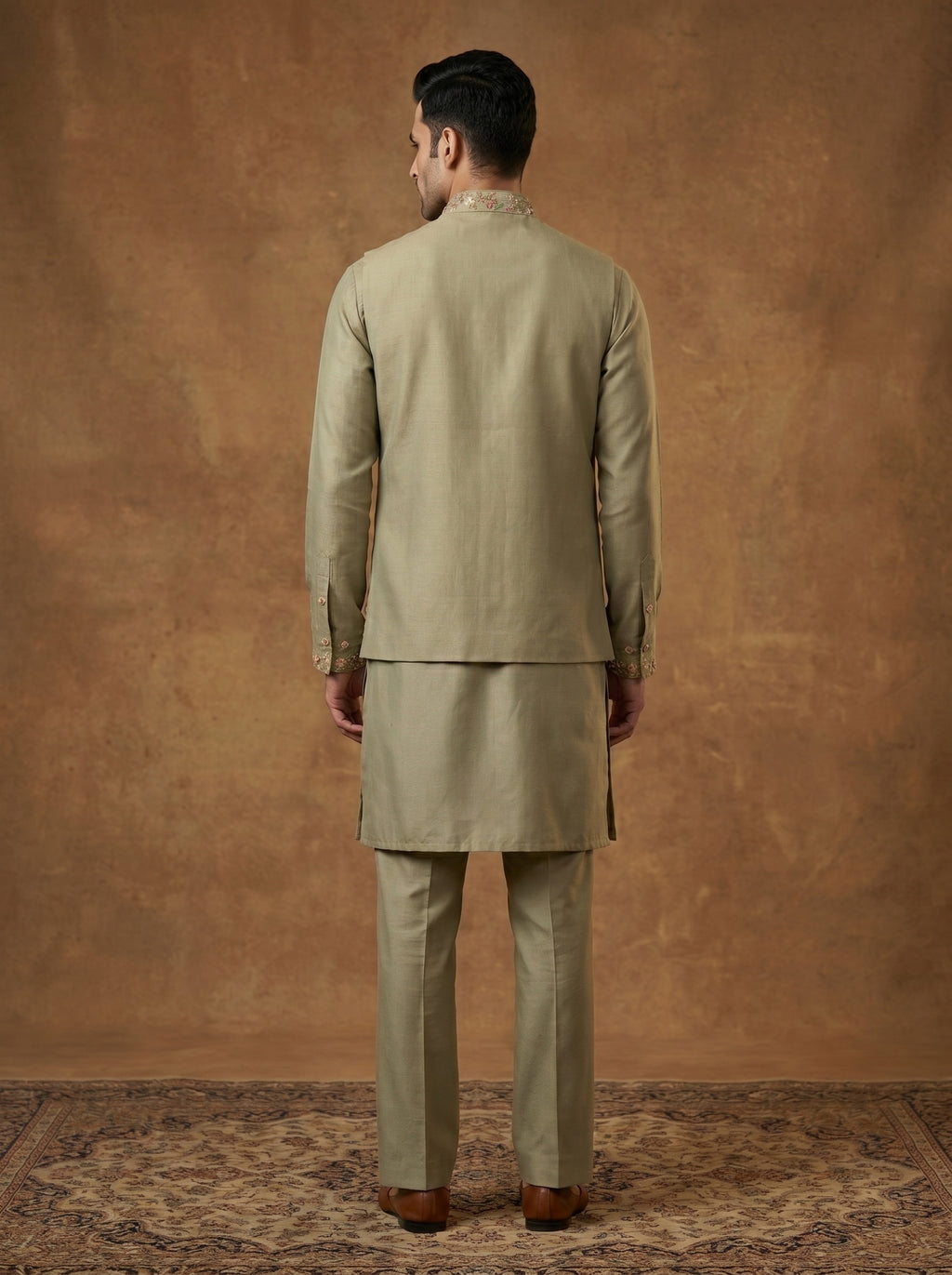 Hand Embroidered Silk Kurta Pajama Waistcoat Set