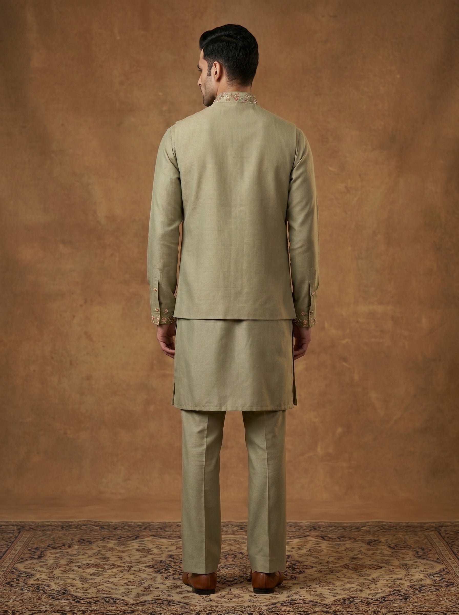 Hand Embroidered Silk Kurta Pajama Waistcoat Set