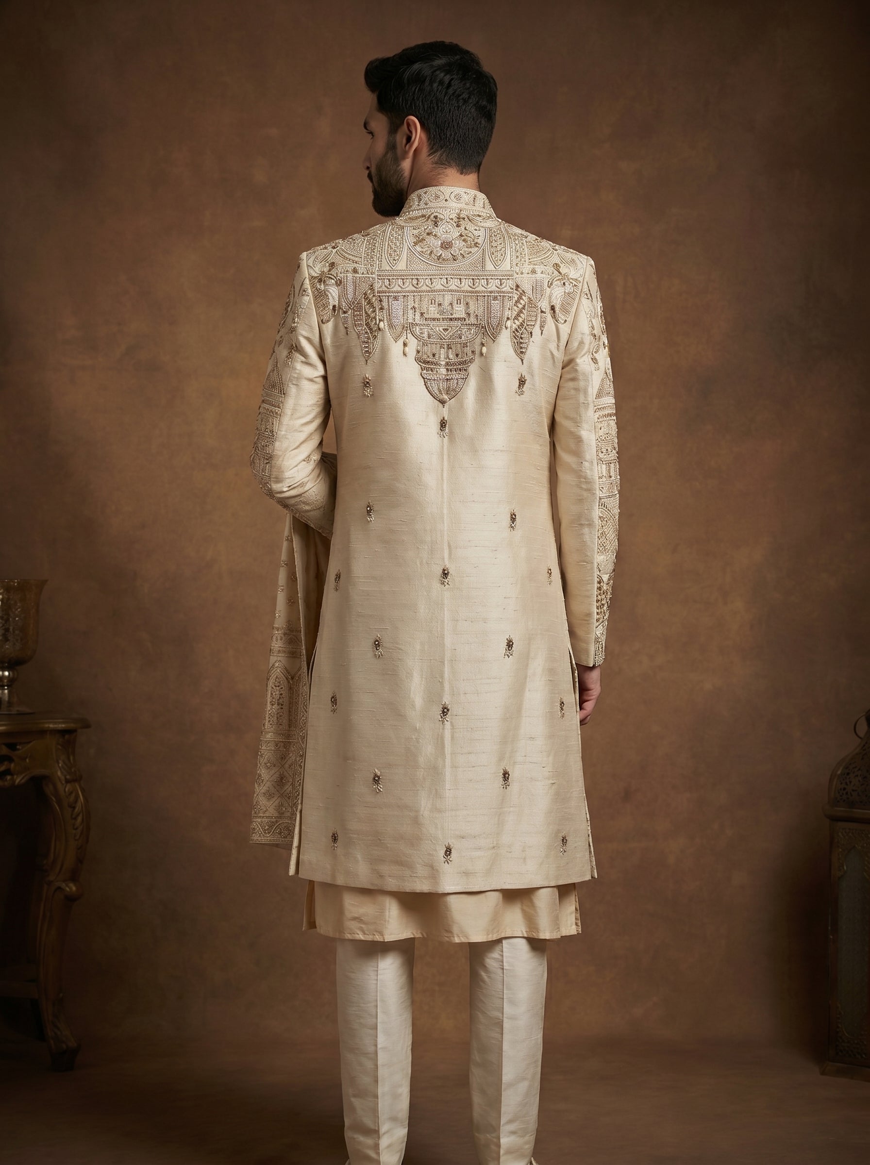Silk Gold Sherwani With Hand Embroidery