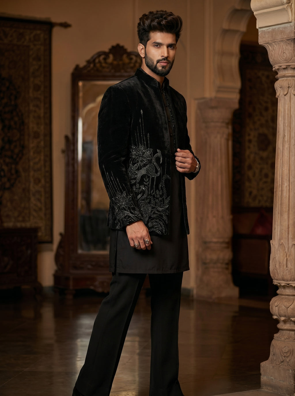 Black velvet embroidered indowestern with hand work