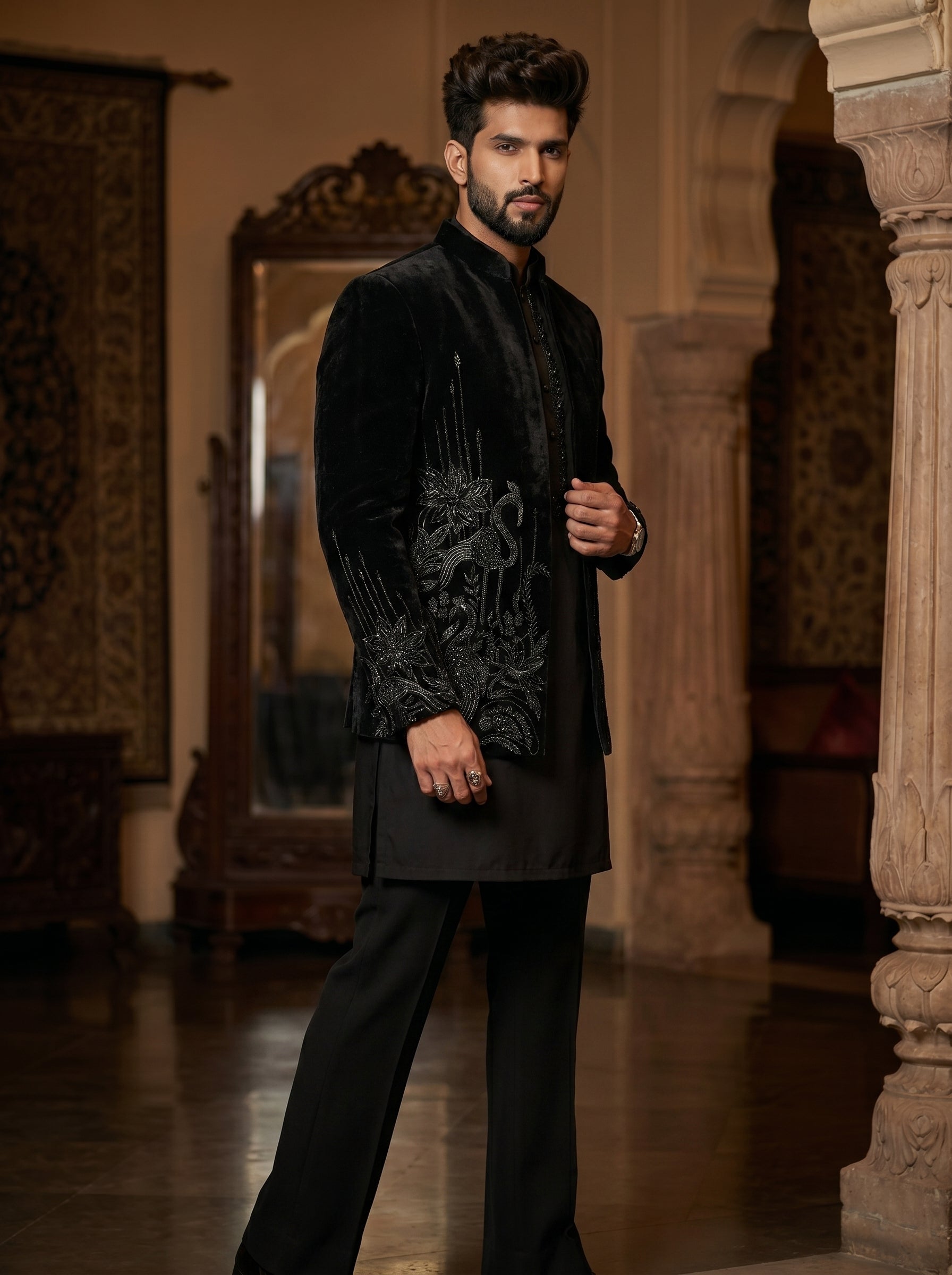 Black velvet embroidered indowestern with hand work