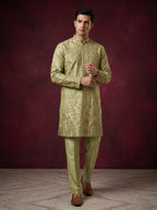 Tissue Fabric Hand Embroidered Kurta Pajama with Off White Bell Bottom