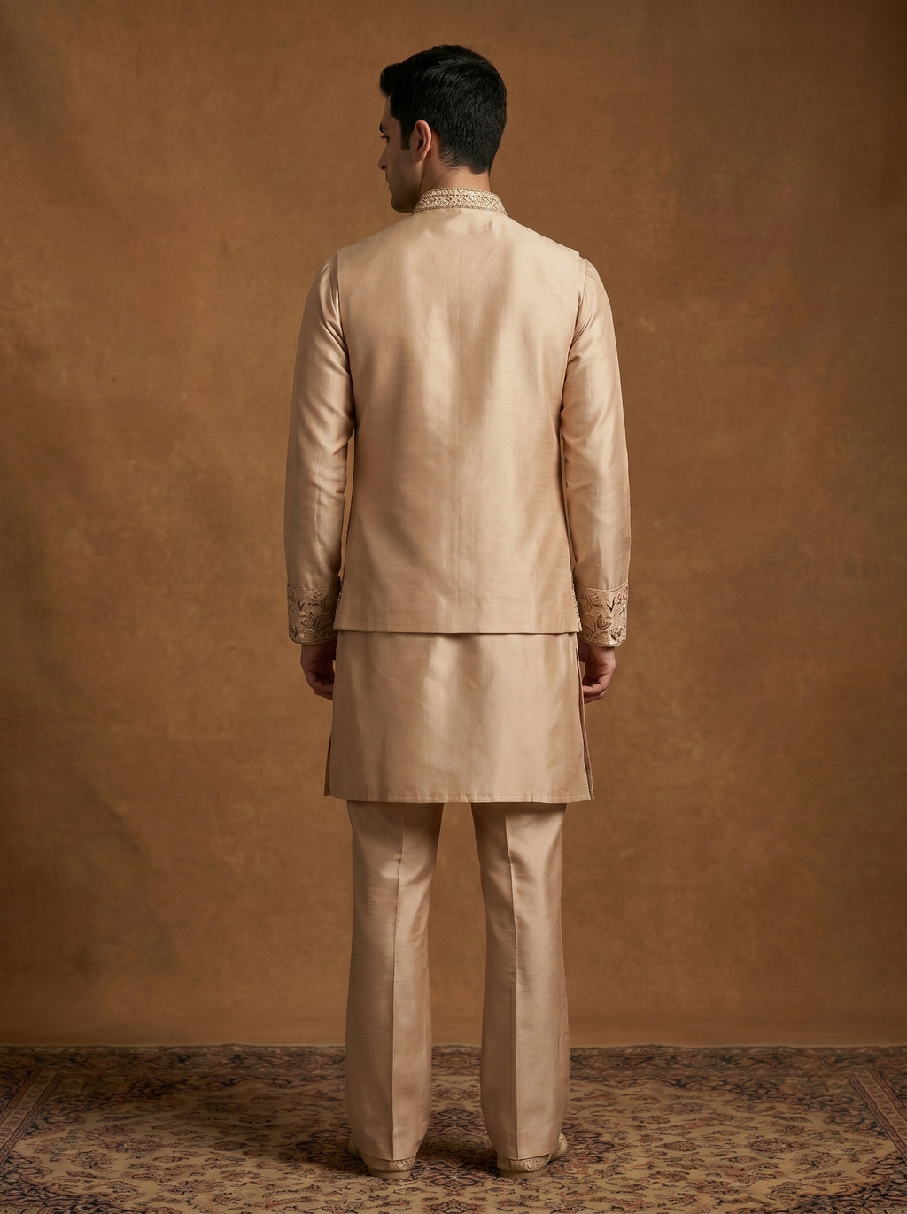 Hand Embroidered Silk Kurta Pajama Waistcoat Set