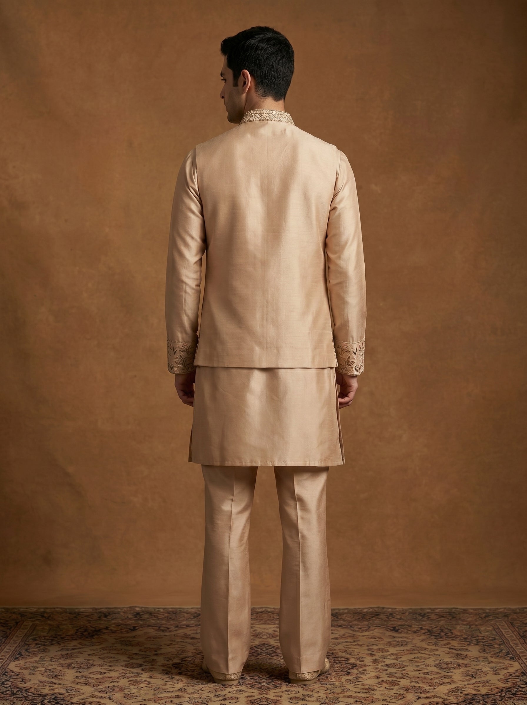 Hand Embroidered Silk Kurta Pajama Waistcoat Set
