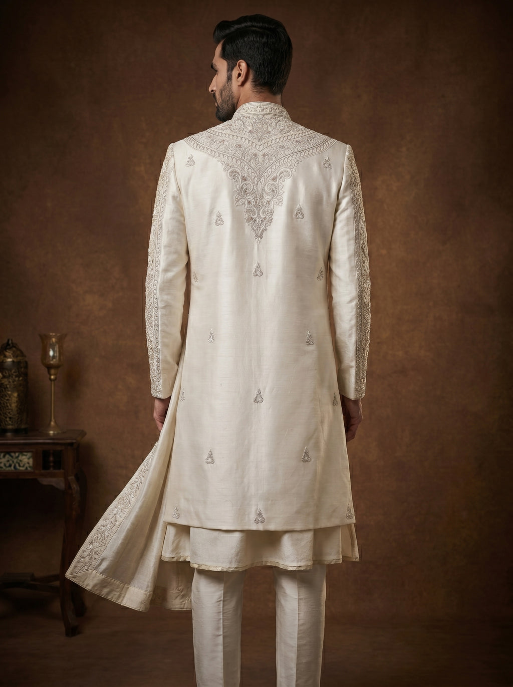 Cream Silk Sherwani With Hand Embroidery