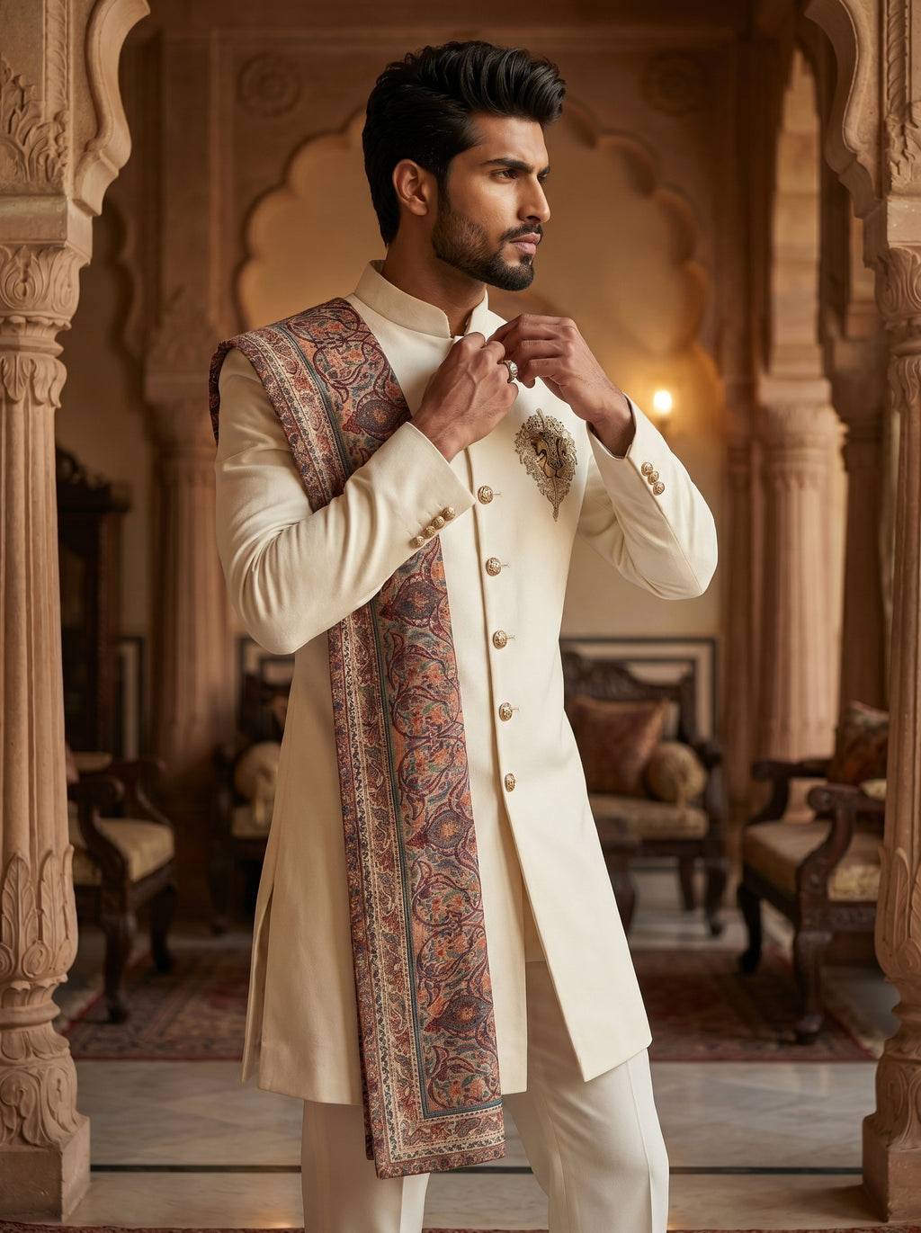 Ivory velvet achkan with hand embroidered and metal broach with stall