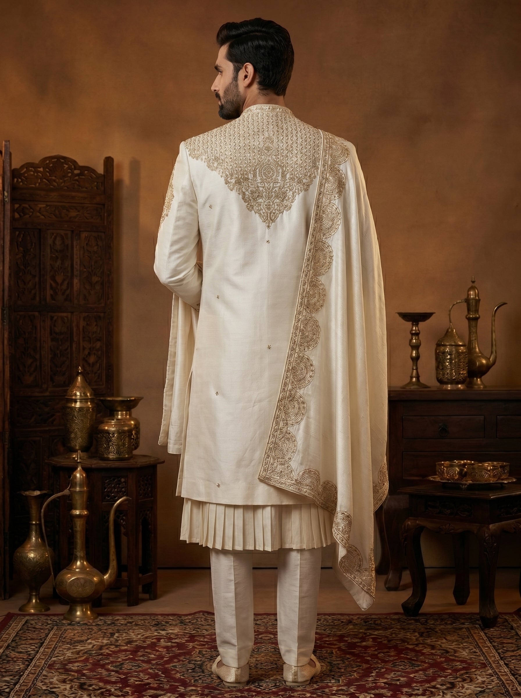 Ivory Silk Sherwani With Hand Embroidery