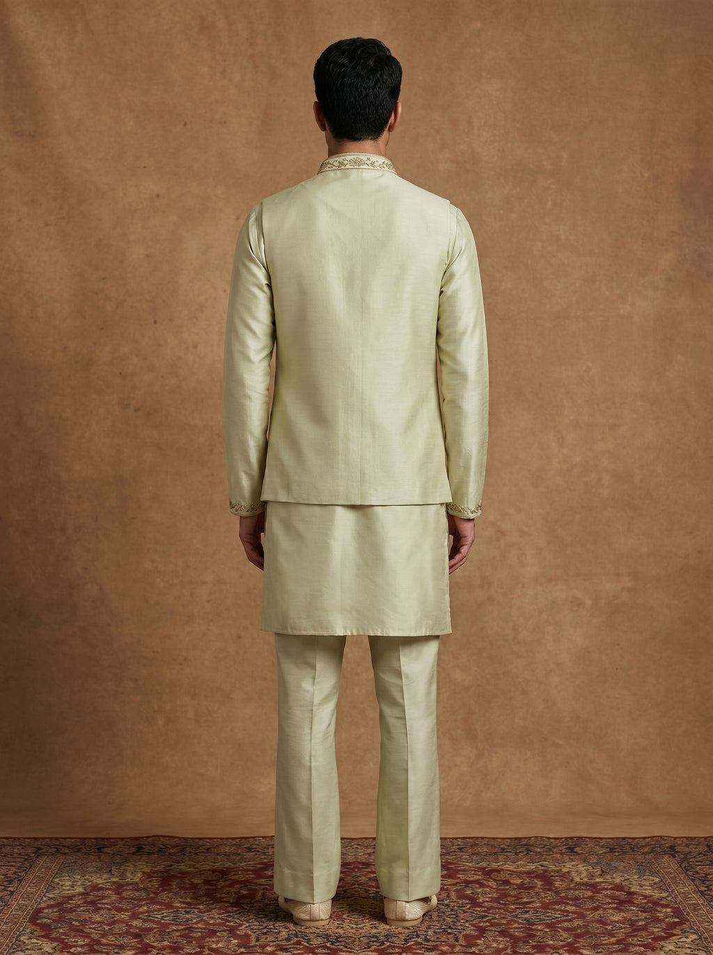 Hand Embroidered Silk Kurta Pajama Waistcoat Set