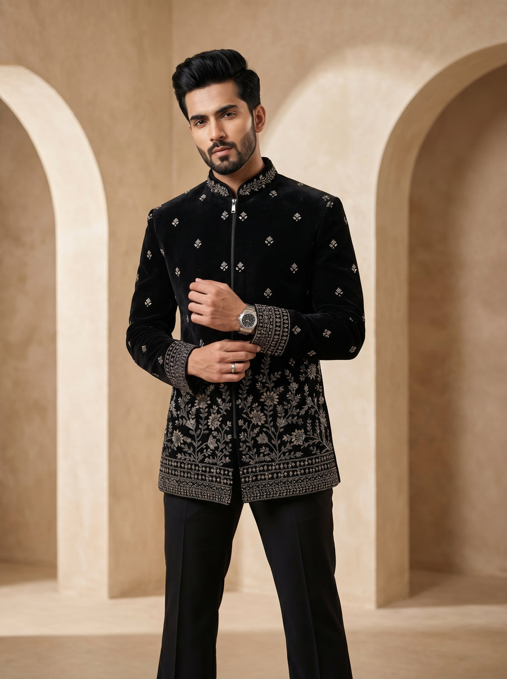 Hand Embroidered silk velvet Indo western
