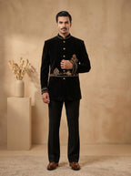 Black silk velvet hand embroidered with metal broach and buttons jodhpuri