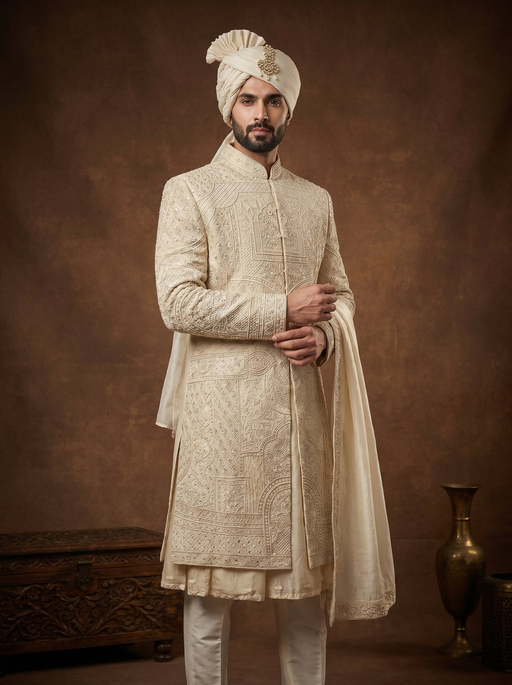 Beige Silk Sherwani With Hand Embroidery