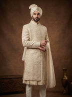 Beige Silk Sherwani With Hand Embroidery