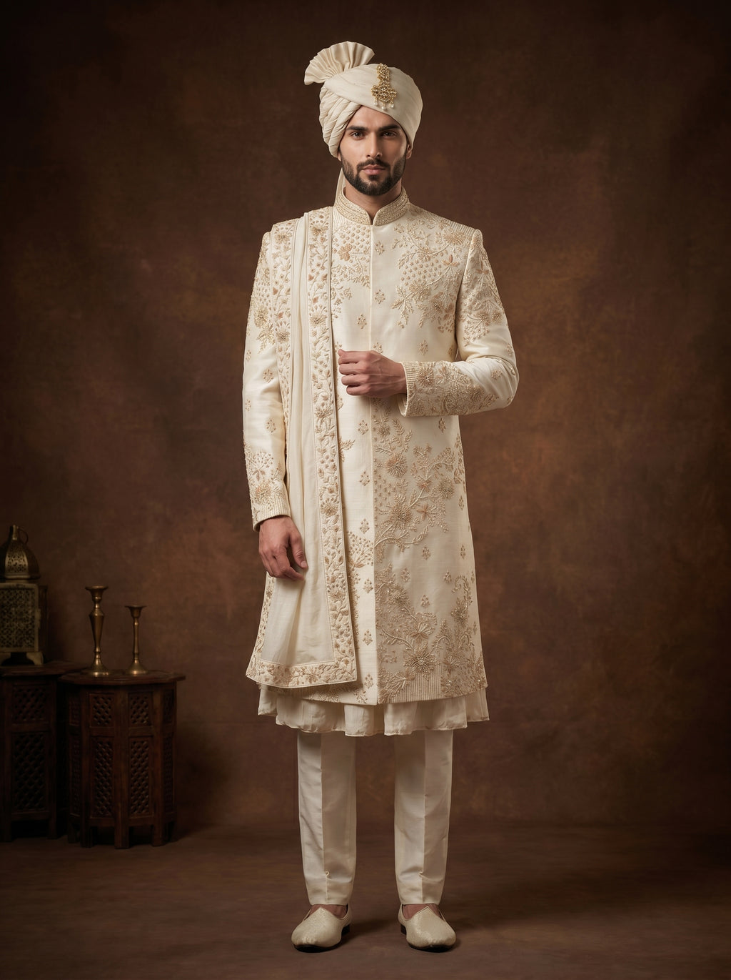 Ivory Silk Sherwani With Hand Embroidery
